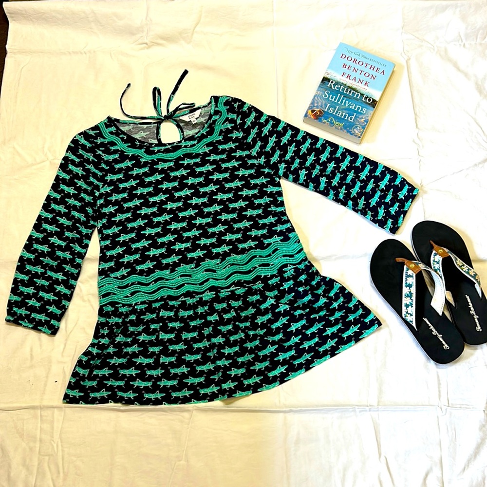 Crown & Ivy Grasshopper Blouse, Aquamarine & Navy, Peplum Bottom, size …